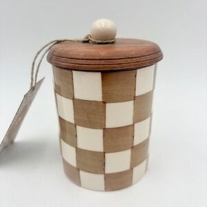 Hand Painted Checkered Ceramic Canister with Wood Lid Tan Cream India‎ 5in
